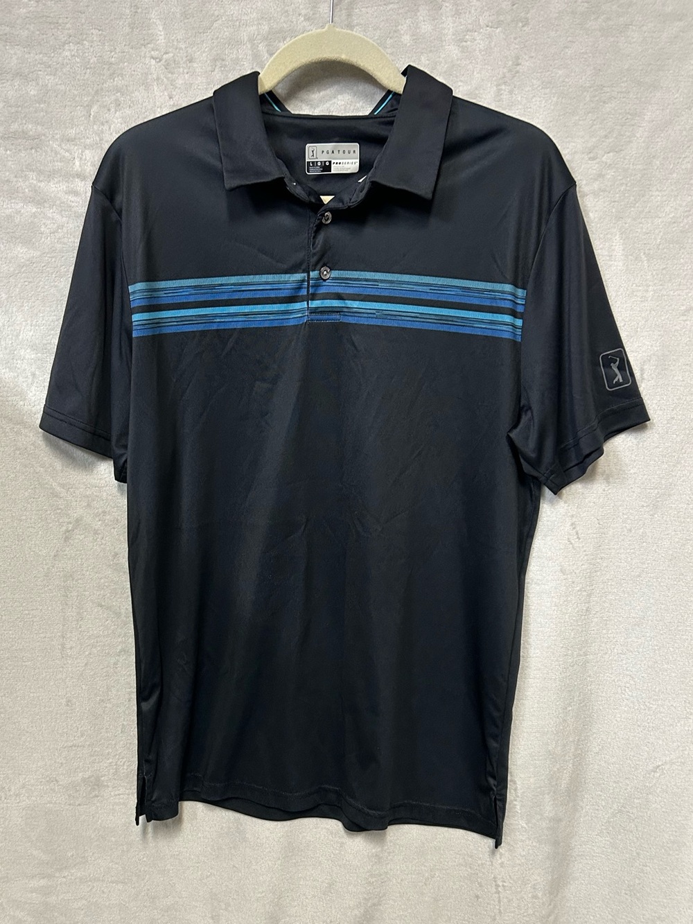 PGA Tour Black Polo with Blue Chest Stripes